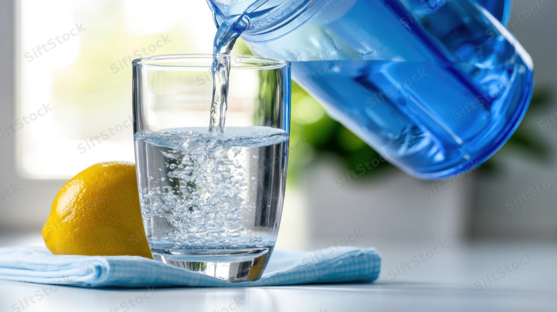 Water being poured from a blue pitcher into a clear glass on a kitchen countertop with a lemon beside it