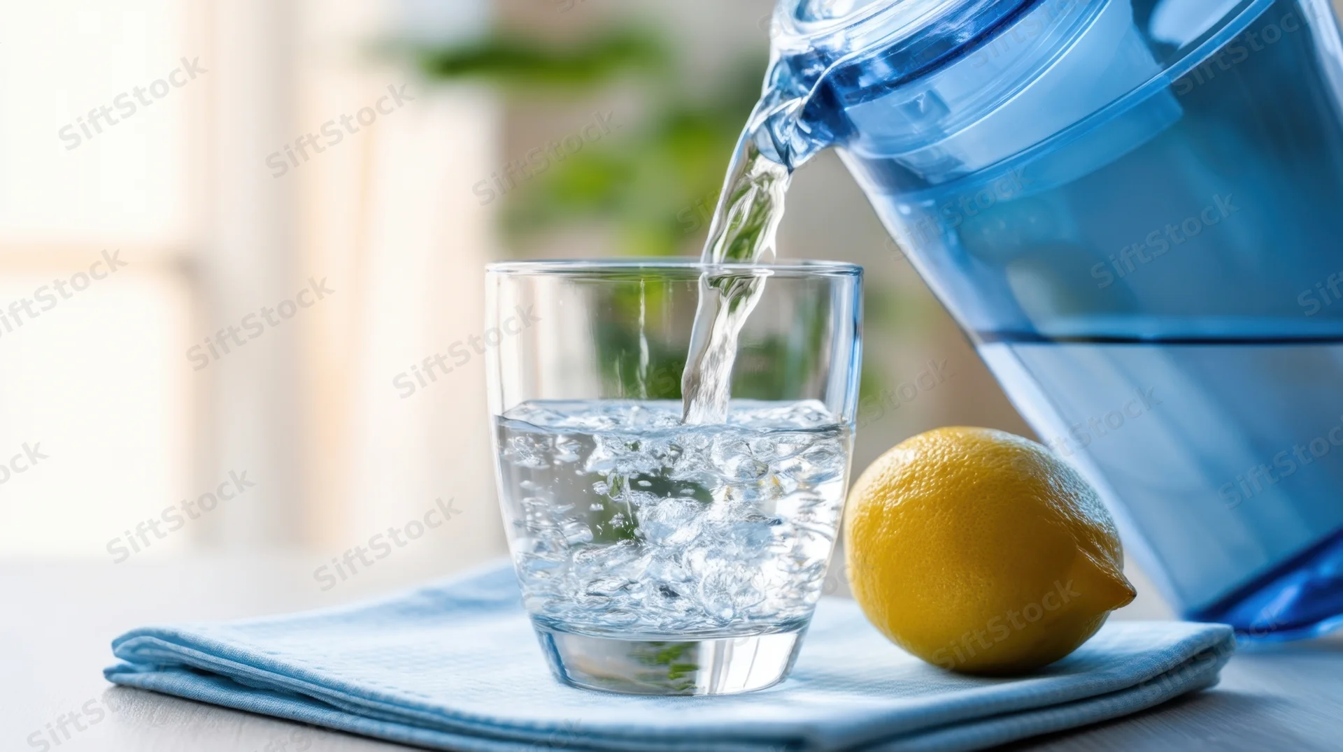 Water being poured from a blue pitcher into a clear glass on a table beside a lemon and a folded napkin