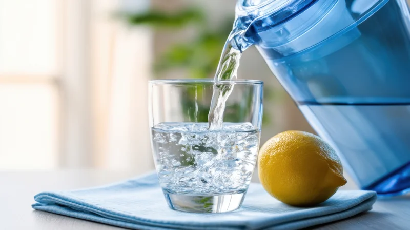 Water being poured from a blue pitcher into a clear glass on a table beside a lemon and a folded napkin