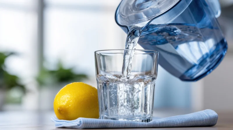 Water being poured from a blue pitcher into a glass on a kitchen countertop beside a lemon and a cloth napkin