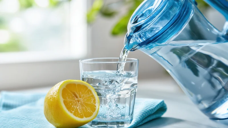 Water being poured from a blue pitcher into a glass beside a lemon half on a kitchen counter