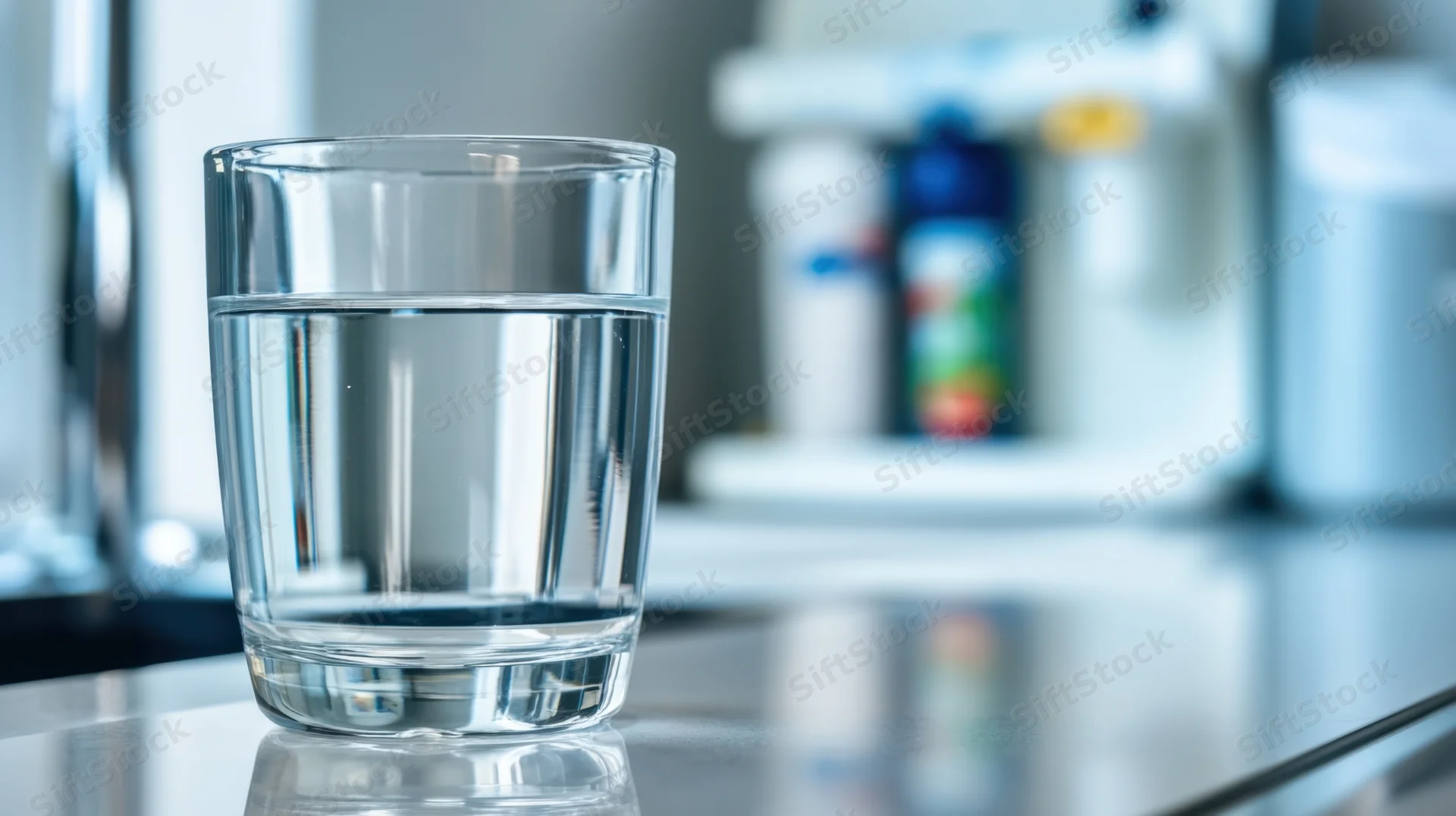 Clear glass of water on a reflective stainless steel countertop in a modern kitchen