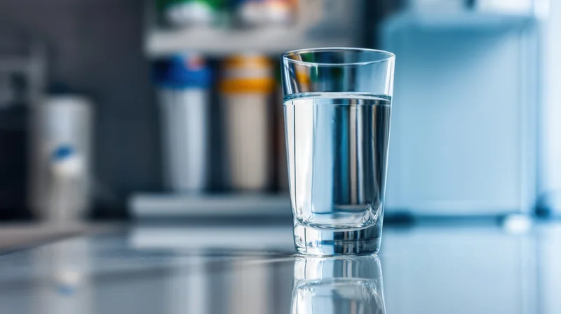 Clear glass of water on a reflective kitchen countertop with appliances in the background