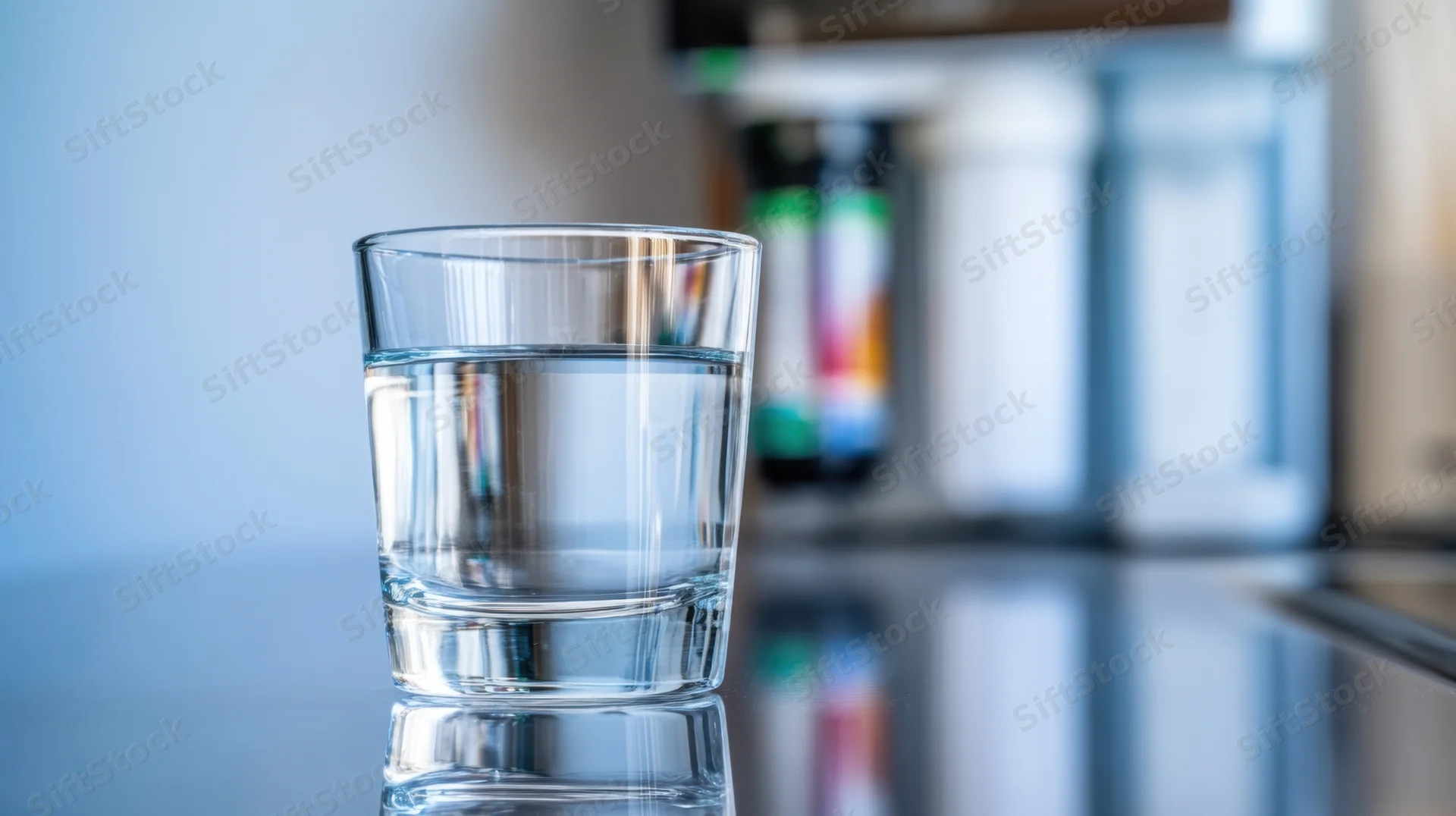 Clear glass of water on a reflective kitchen countertop with blurred appliances in the background