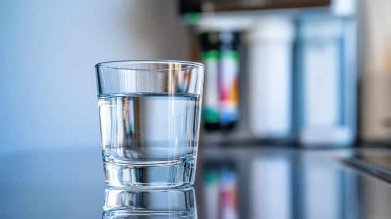 Clear glass of water on a reflective kitchen countertop with blurred appliances in the background