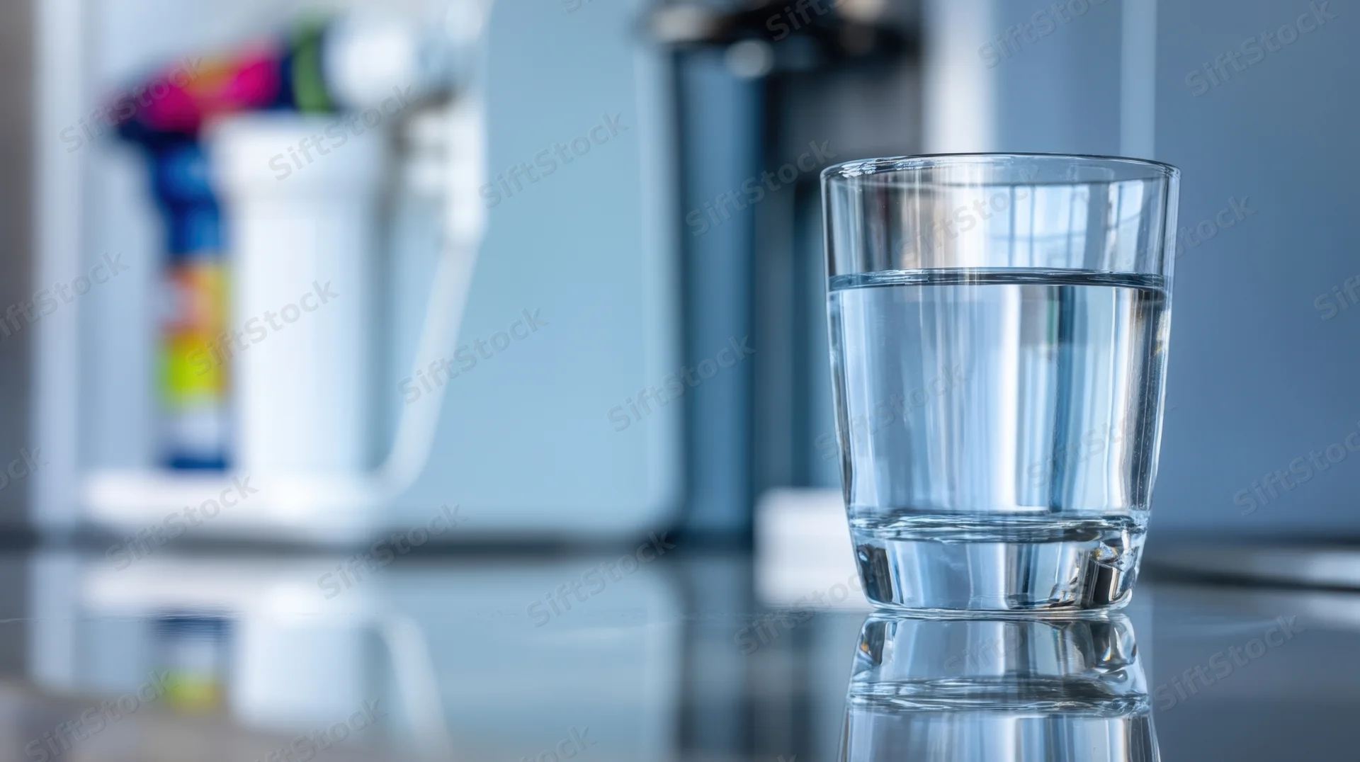 Clear glass of water on a reflective kitchen countertop near a refrigerator