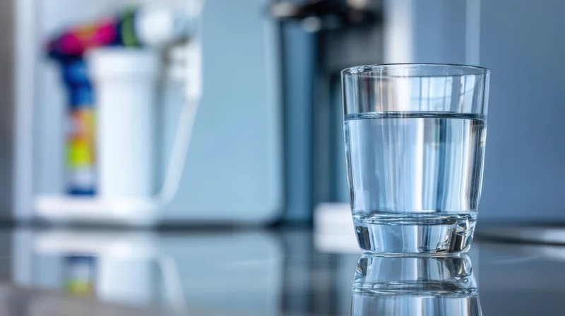 Clear glass of water on a reflective kitchen countertop near a refrigerator