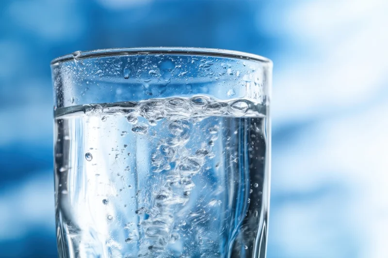 Closeup of a clear glass filled with cold sparkling water showing bubbles and condensation against a blue blurred background