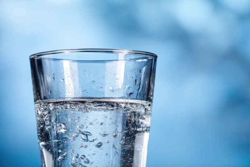 Clear glass of water with condensation and bubbles against a blue background