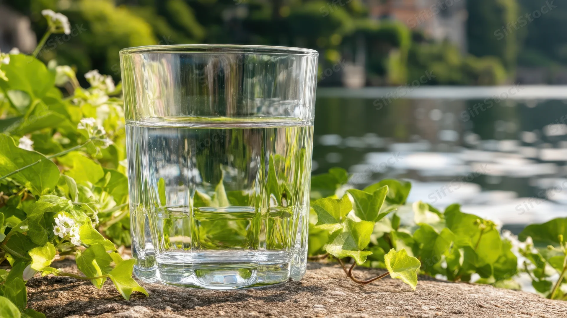 Clear glass of water on a stone surface surrounded by green ivy and white flowers near a calm body of water