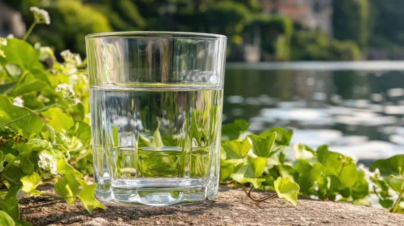 Clear glass of water on a stone surface surrounded by green ivy and white flowers near a calm body of water