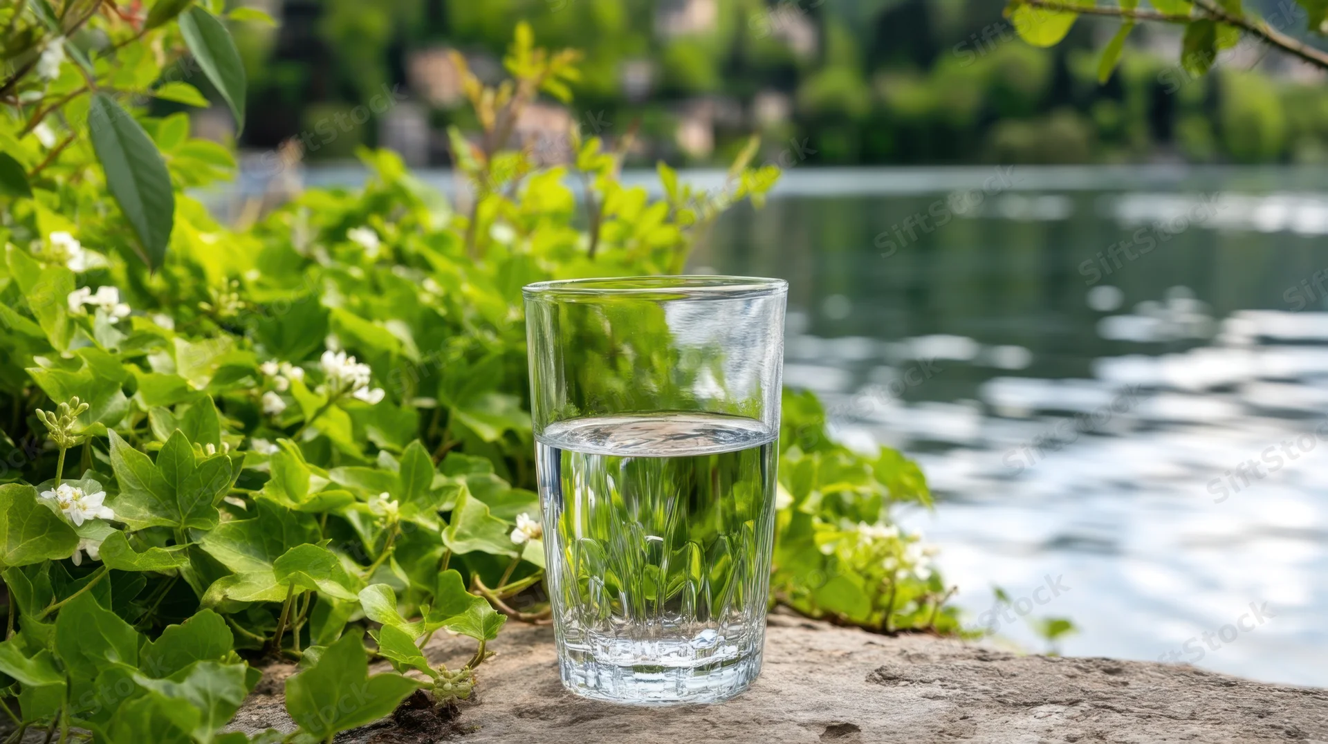 Glass of water on a rock by a lake surrounded by green ivy and white flowers