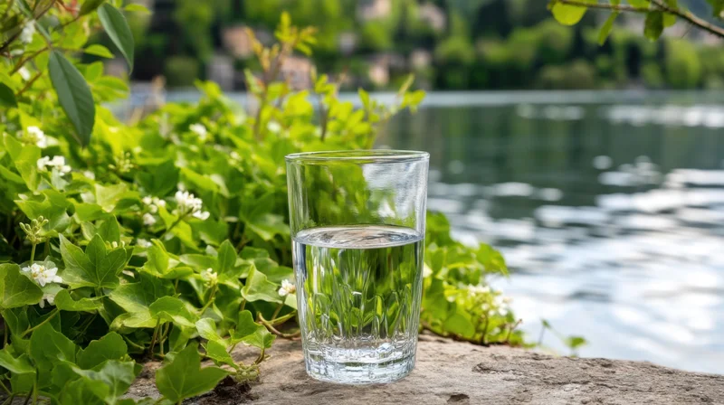 Glass of water on a rock by a lake surrounded by green ivy and white flowers