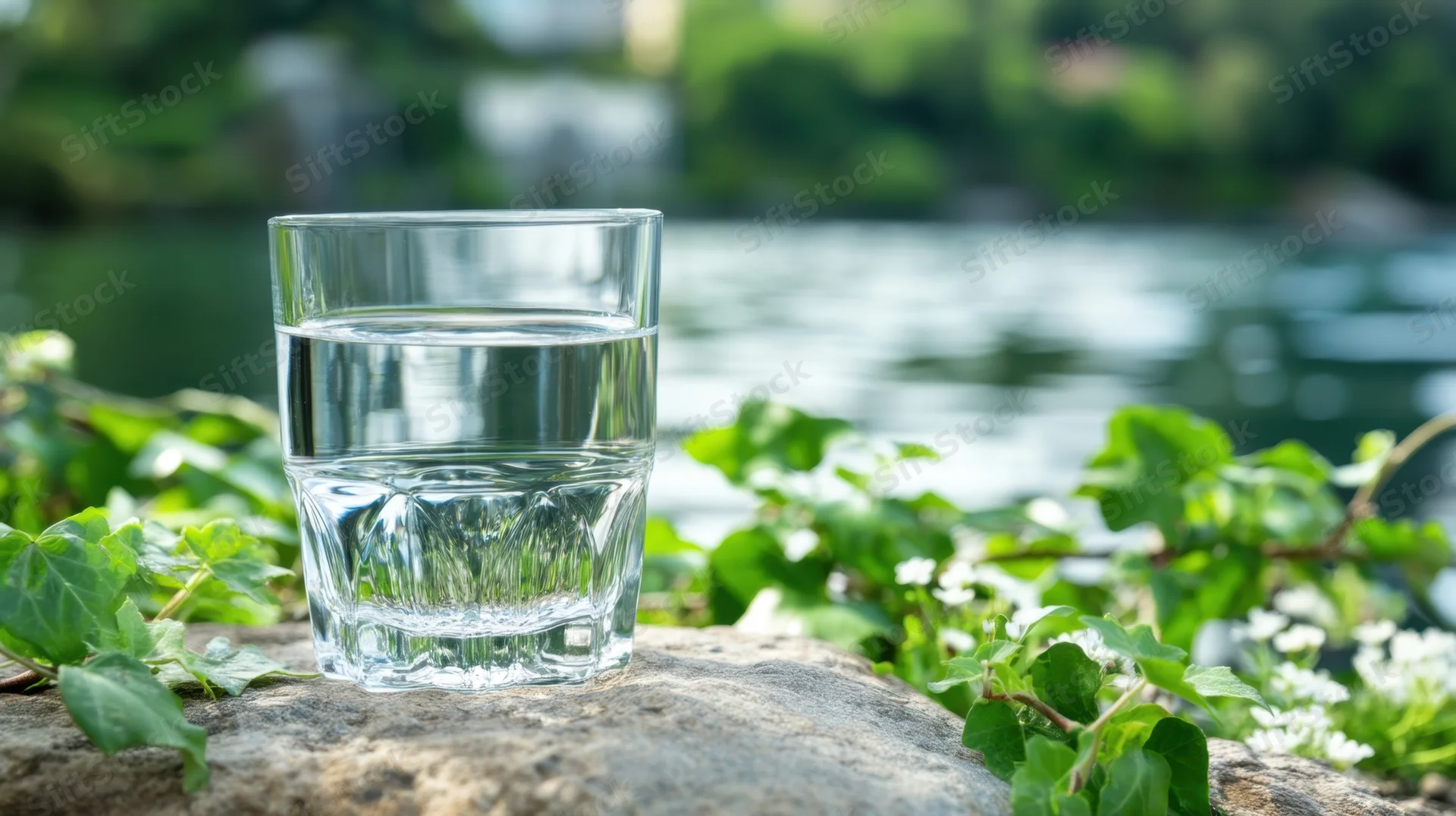 Clear glass of water on a rock by a river surrounded by green plants and white flowers