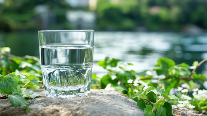 Clear glass of water on a rock by a river surrounded by green plants and white flowers