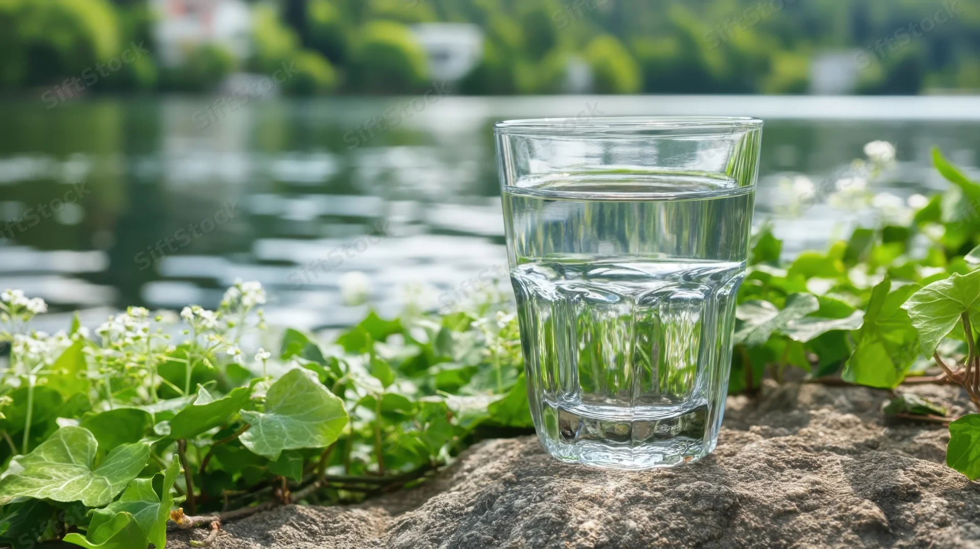 Clear glass of water on a rock by a lake surrounded by green ivy and white flowers in daylight