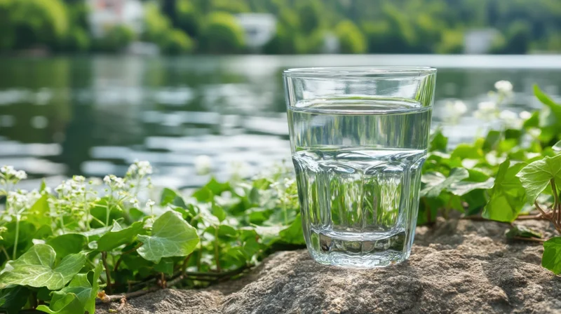 Clear glass of water on a rock by a lake surrounded by green ivy and white flowers in daylight