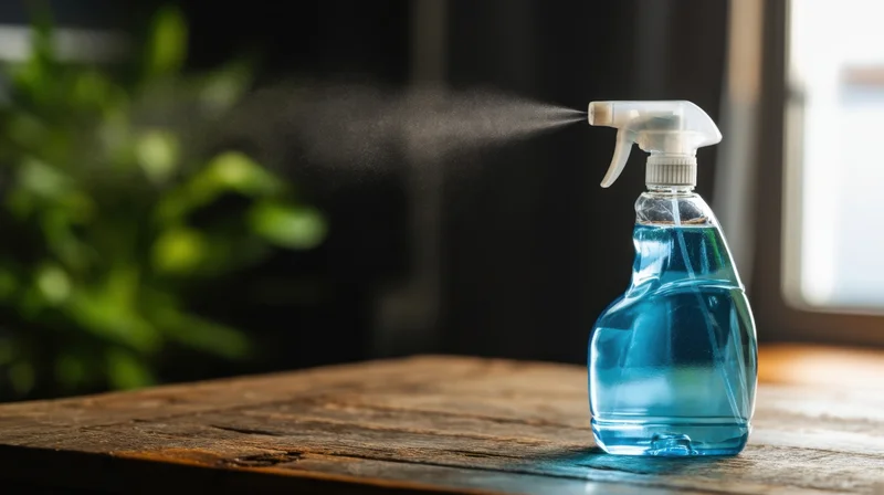 Blue cleaning spray bottle dispensing mist on a wooden table near a window