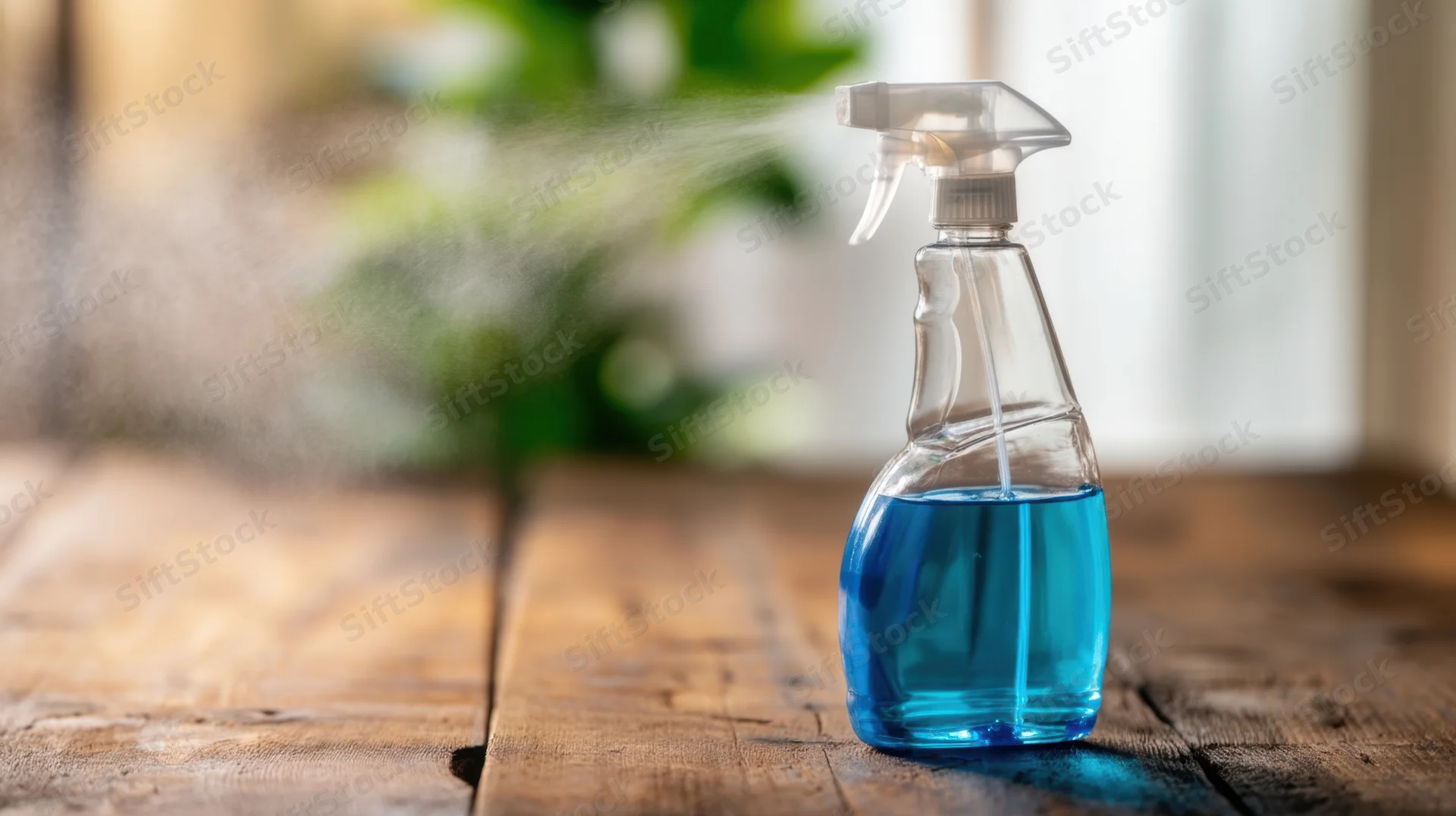 Clear plastic spray bottle dispensing blue liquid on wooden table surface