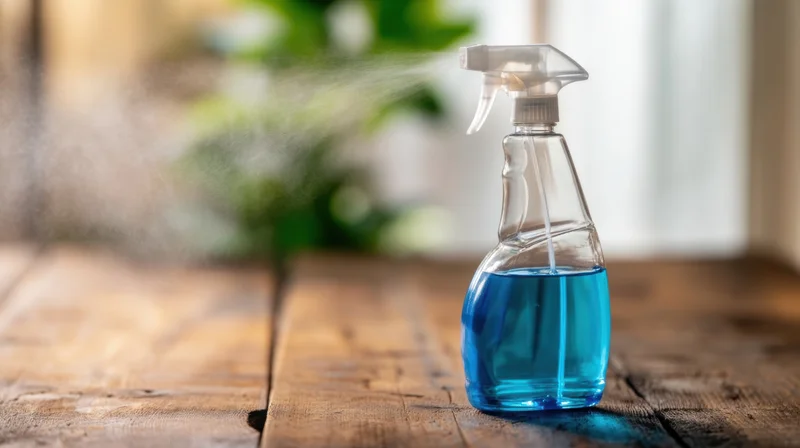 Clear plastic spray bottle dispensing blue liquid on wooden table surface