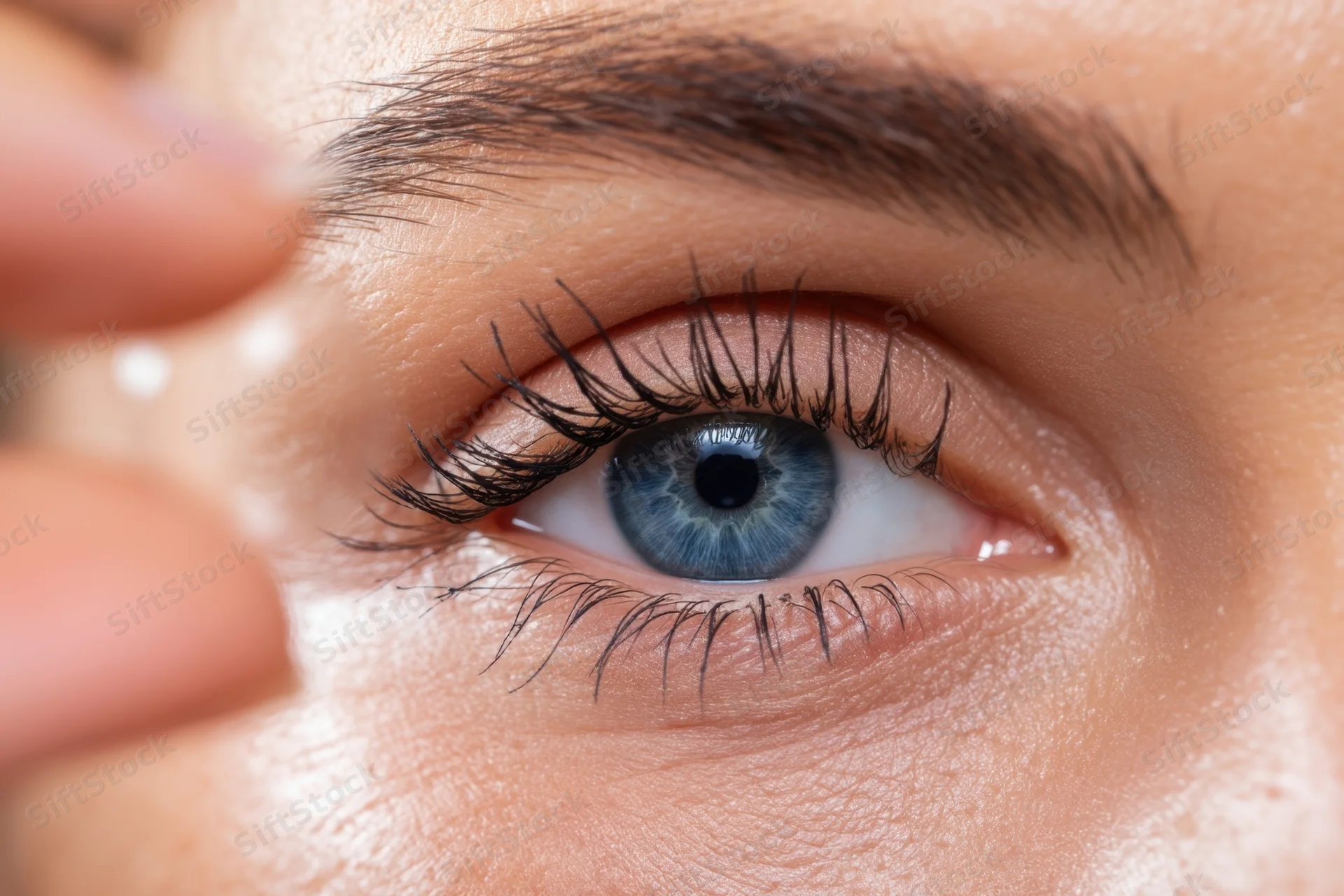 Close-up of a woman's blue eye with long eyelashes and defined eyebrow, skin texture visible