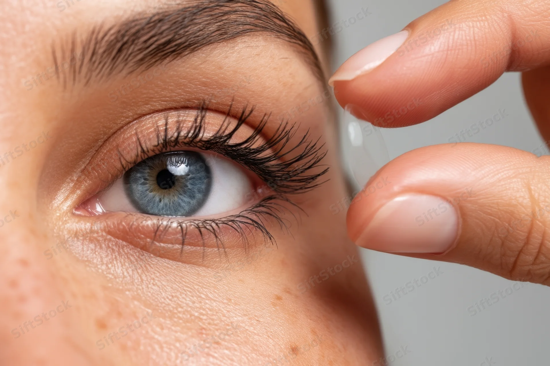 Woman inserting a contact lens into her blue eye in close-up view