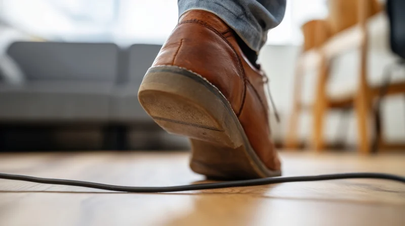 Close-up of a brown leather shoe stepping over a black cable on a wooden floor in a living room
