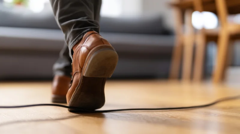Man's foot in brown leather shoe stepping on black cable on wooden floor in living room