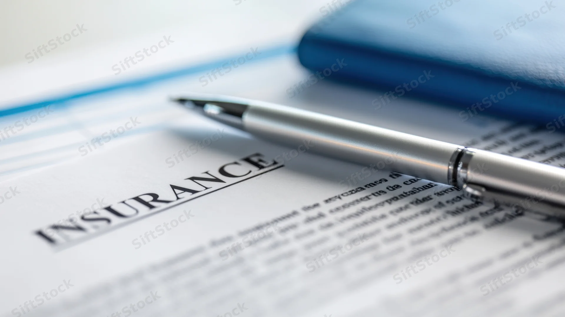 Insurance document with a silver pen resting on it in an office setting