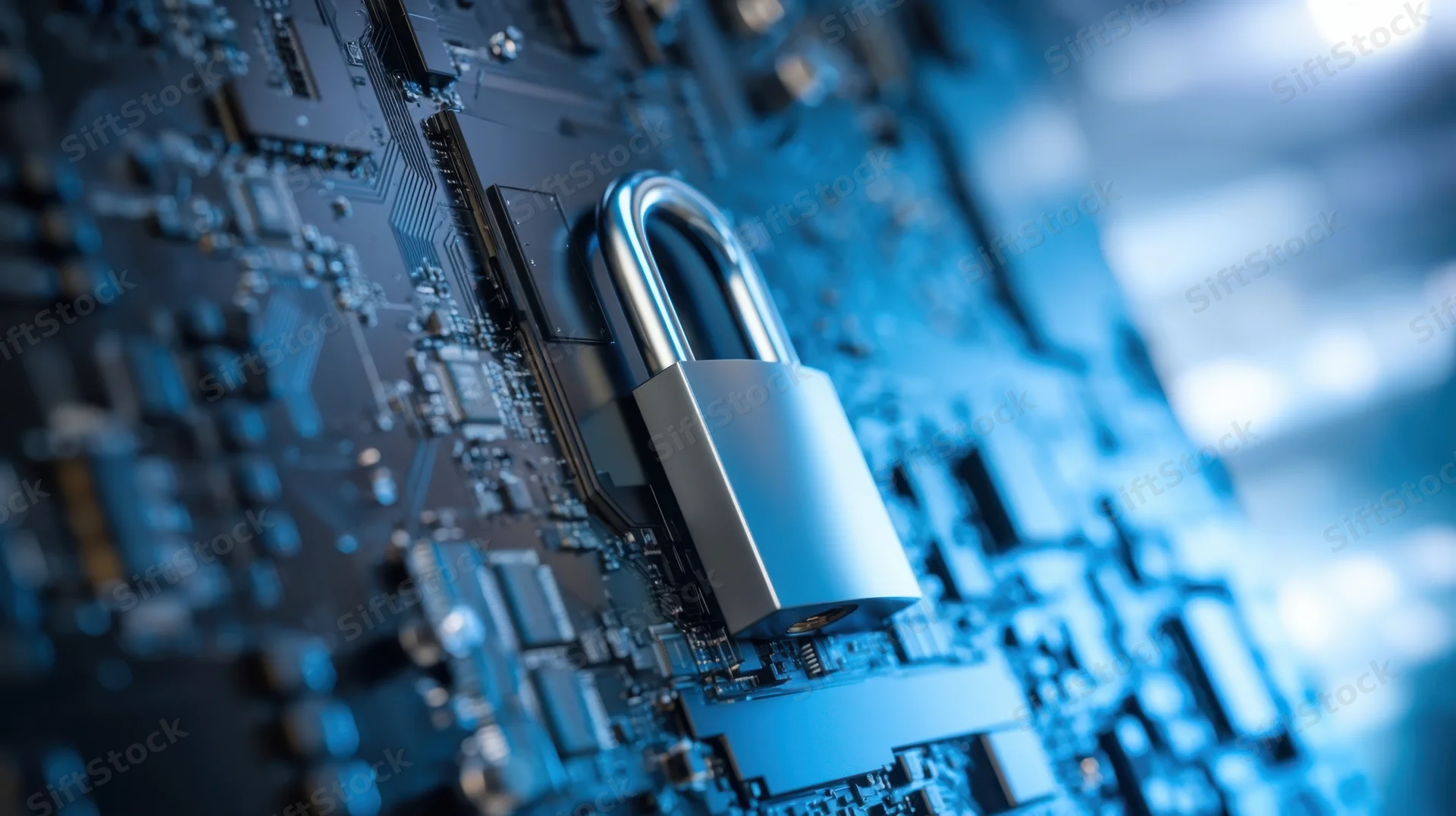 Metallic padlock resting on a circuit board with blue lighting