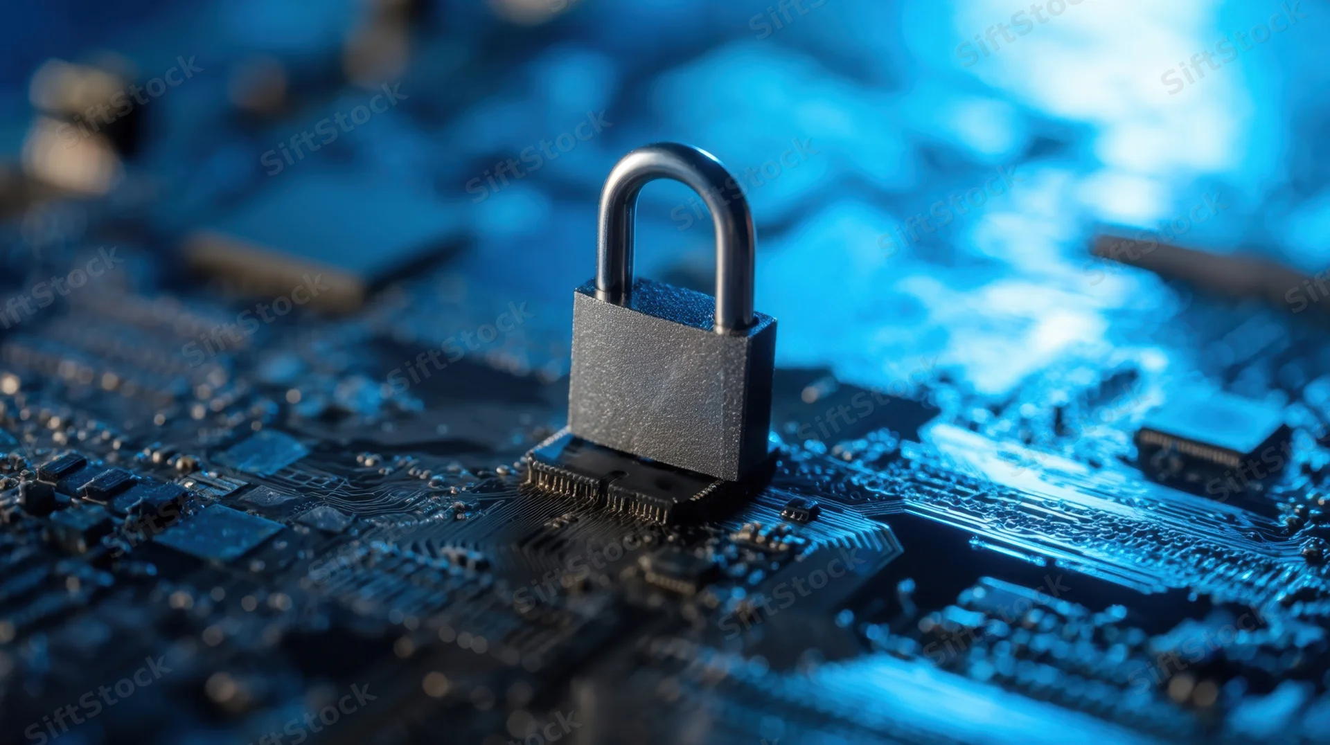 Metallic padlock resting on a circuit board under blue lighting