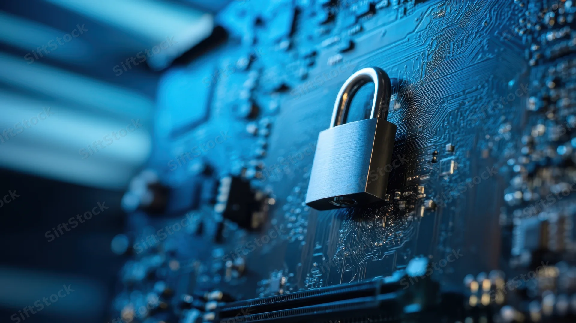 Metallic padlock resting on a blue-lit circuit board surface