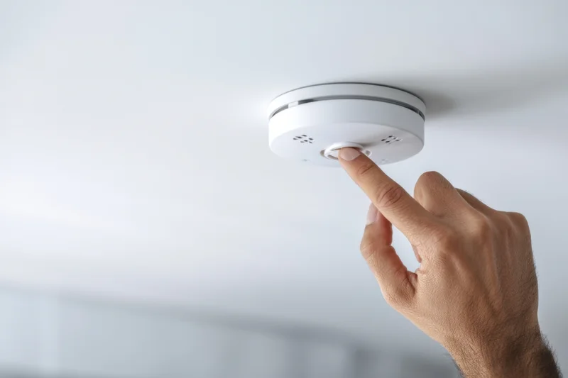 Hand pressing button on white smoke detector mounted on ceiling