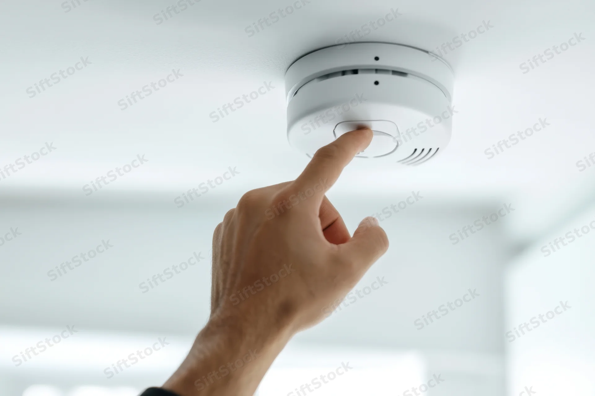 Hand pressing test button on smoke detector mounted on ceiling