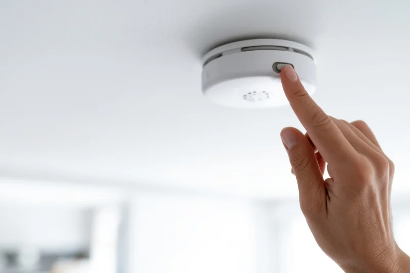 Hand pressing button on smoke alarm mounted on ceiling