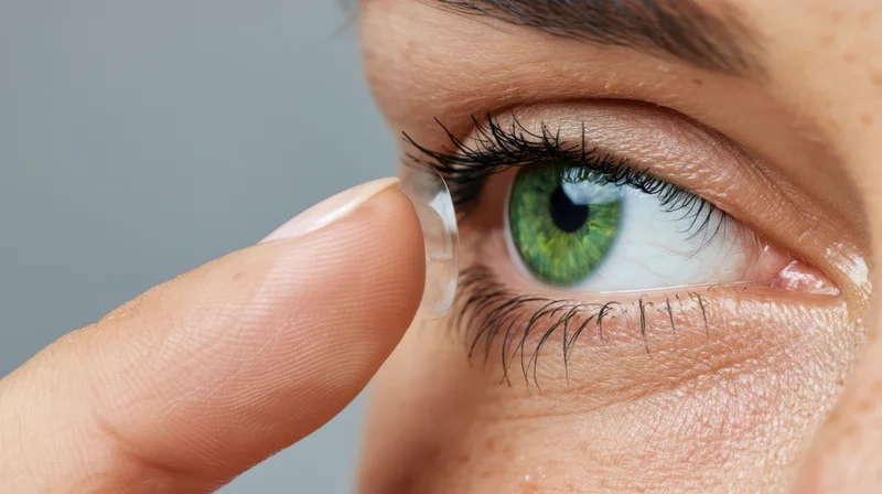Woman inserting a contact lens into her green eye in close-up view