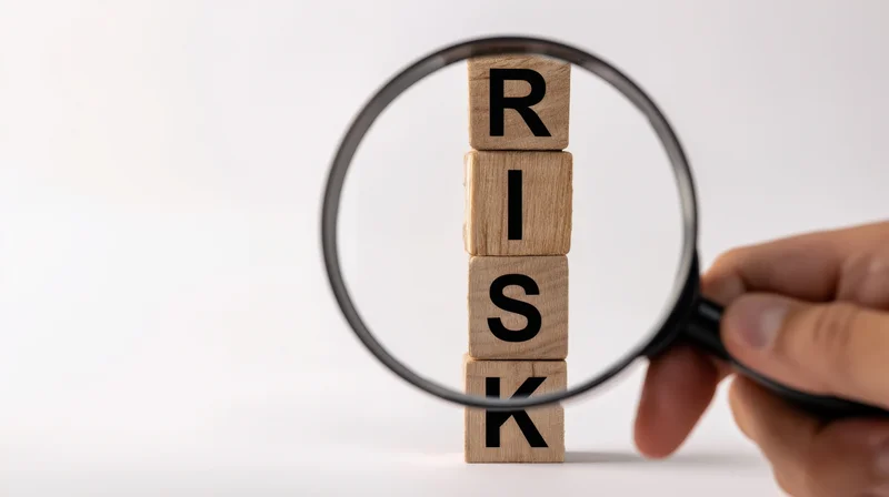 Hand holding magnifying glass over wooden blocks spelling risk on white background