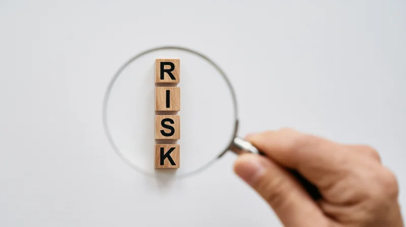 Hand holding magnifying glass over wooden blocks spelling risk on white surface