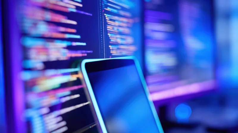 Smartphone screen in focus with blurred code on computer monitors behind it