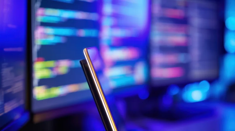 Smartphone screen angled in front of blurred computer monitors displaying colorful code in a dark room