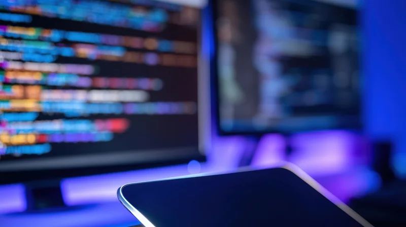 Close-up of laptop screen in foreground with blurred monitors displaying colorful code in background