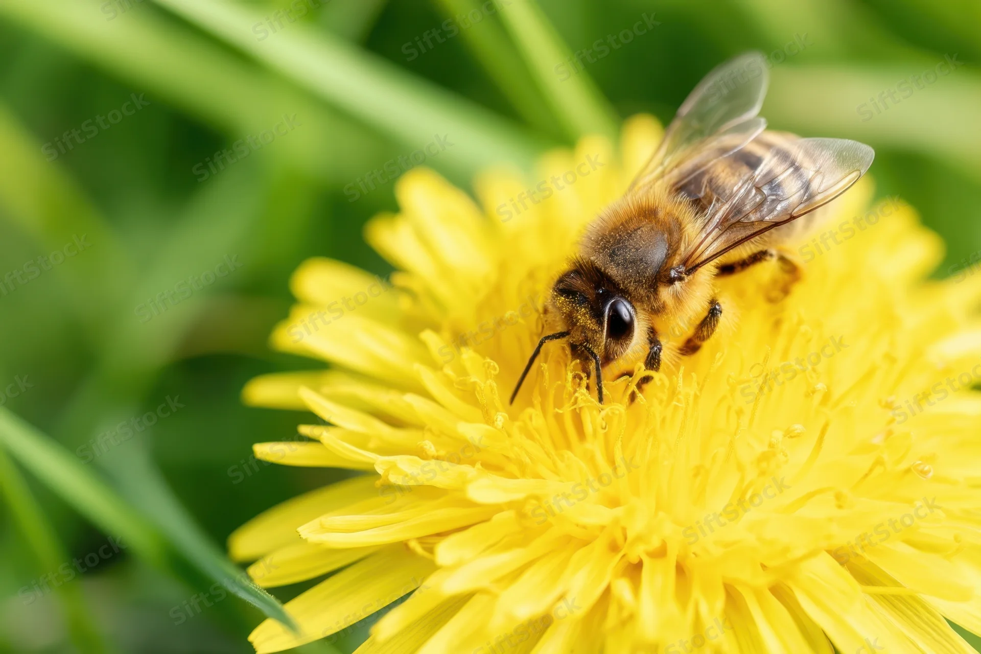 Honeybee foraging on a yellow dandelion flower in a grassy meadow