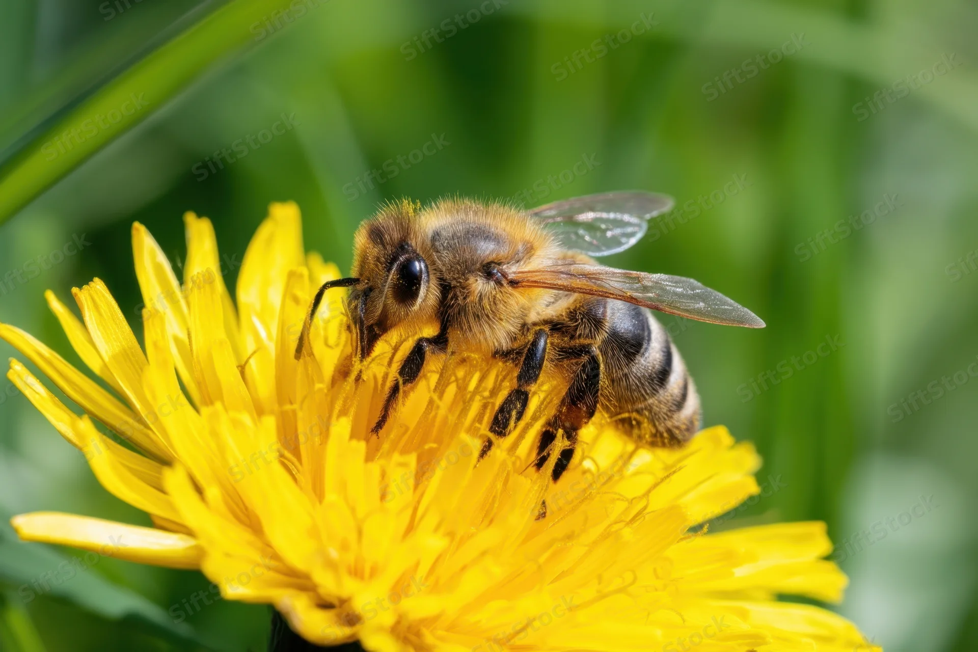 Honeybee foraging on a yellow dandelion flower in a green garden setting
