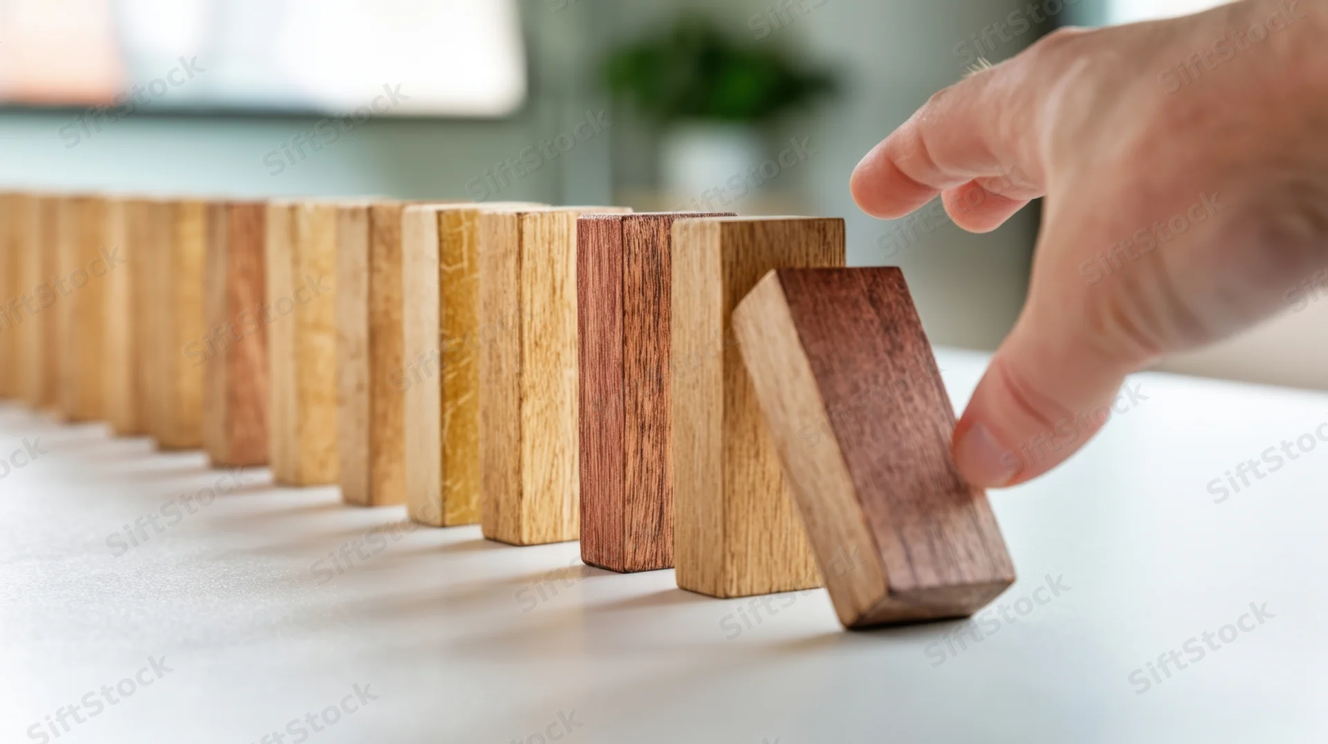 Hand stopping a falling wooden domino in a row on a desk