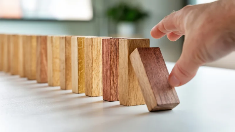 Hand stopping a falling wooden domino in a row on a desk