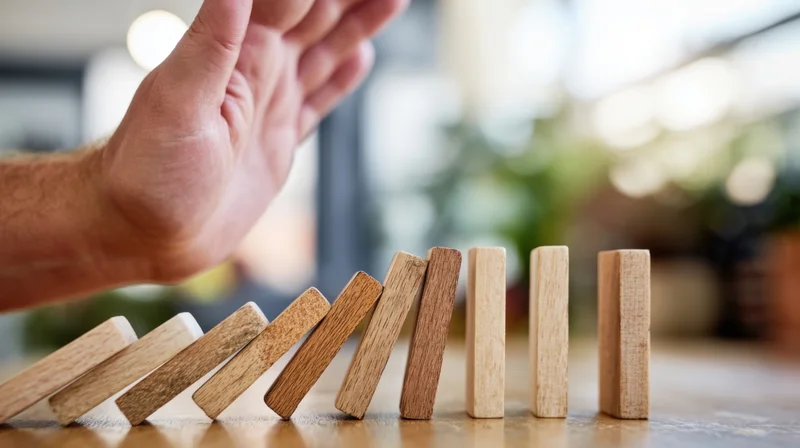 Hand stopping falling wooden dominoes on a desk in an office