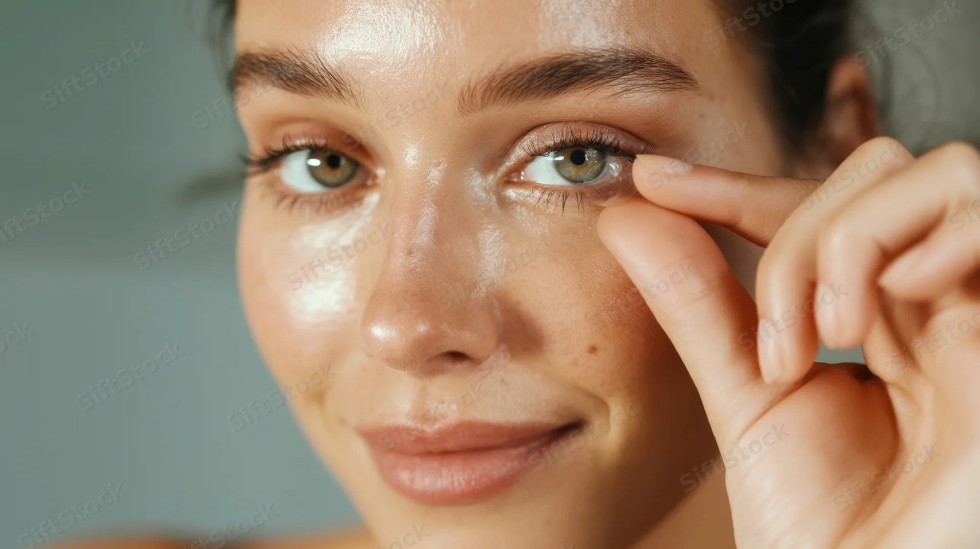 Woman applying skincare cream to her eye area with finger closeup