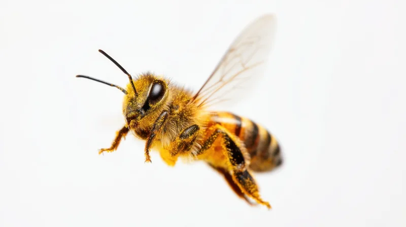 Honeybee in flight with wings extended and fuzzy body visible against white background