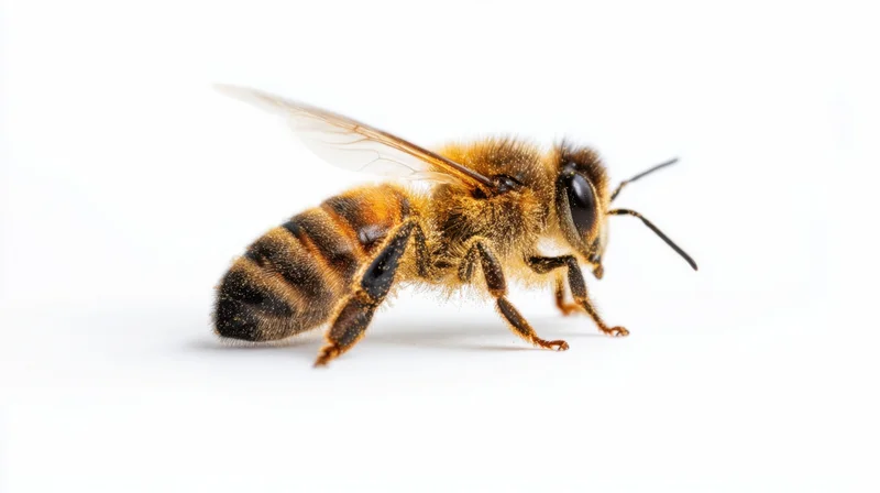 Close-up of a honeybee on a white background showing fine details of its body and wings