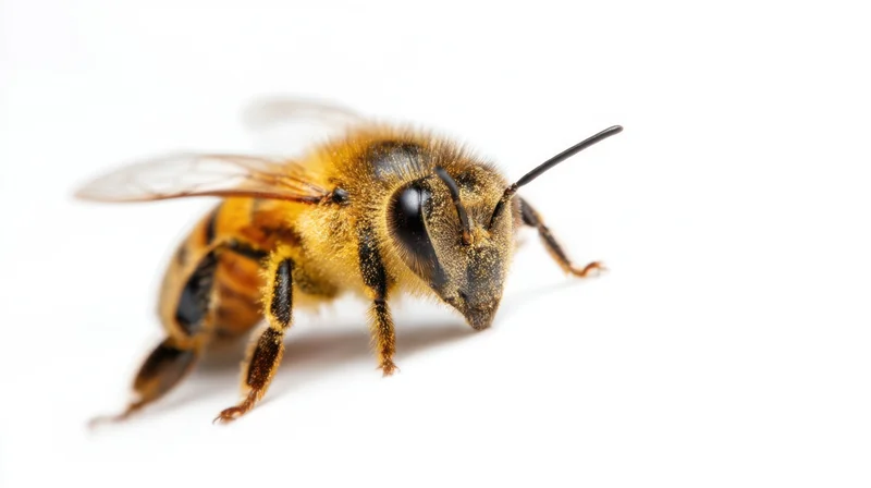 Close-up of a honeybee showing its body segments and features on a white background